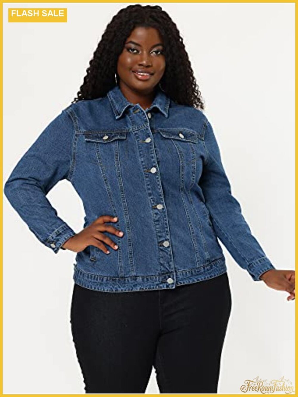 Plus Size Washed Denim Jacket Button Front Long Sleeve Cotton Blend - Picture 3 of 6